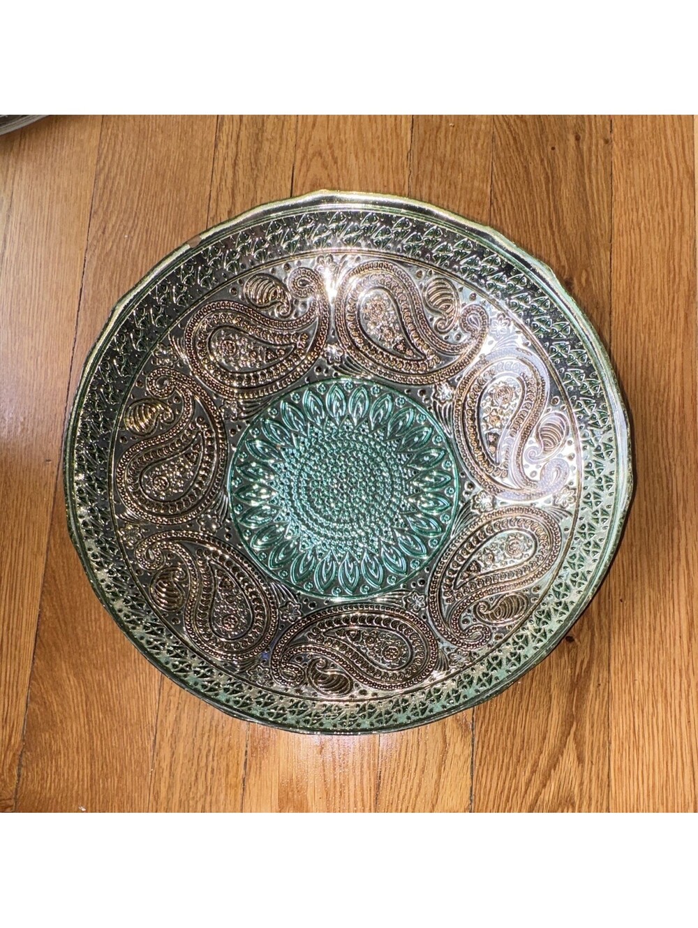 AKCAM GLASS~13 1/2DECOR CENTERPIECE BOWL~PAISLEY DESIGN~BLUE,GREEN,BRONZE,SILVER